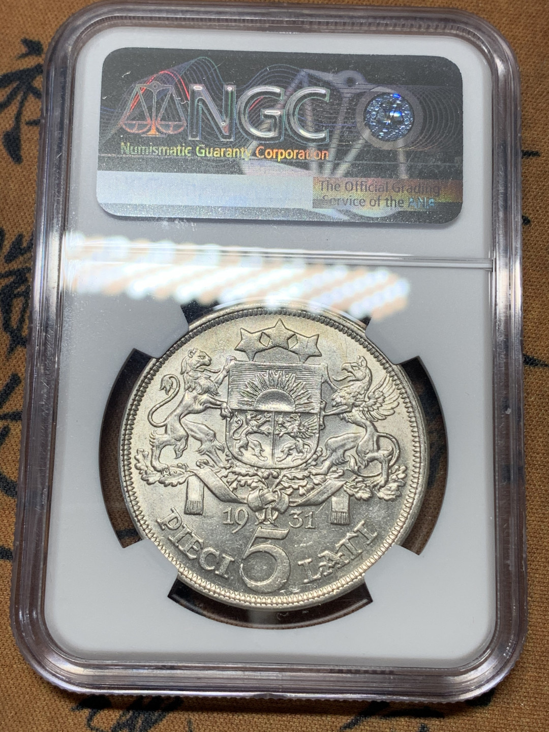 《竞宝斋》钱币微拍-第17场-本周日，周一2场连拍（全场顺丰包邮） NGC-MS62 拉脱维亚 1931年 5特拉 原光 银币