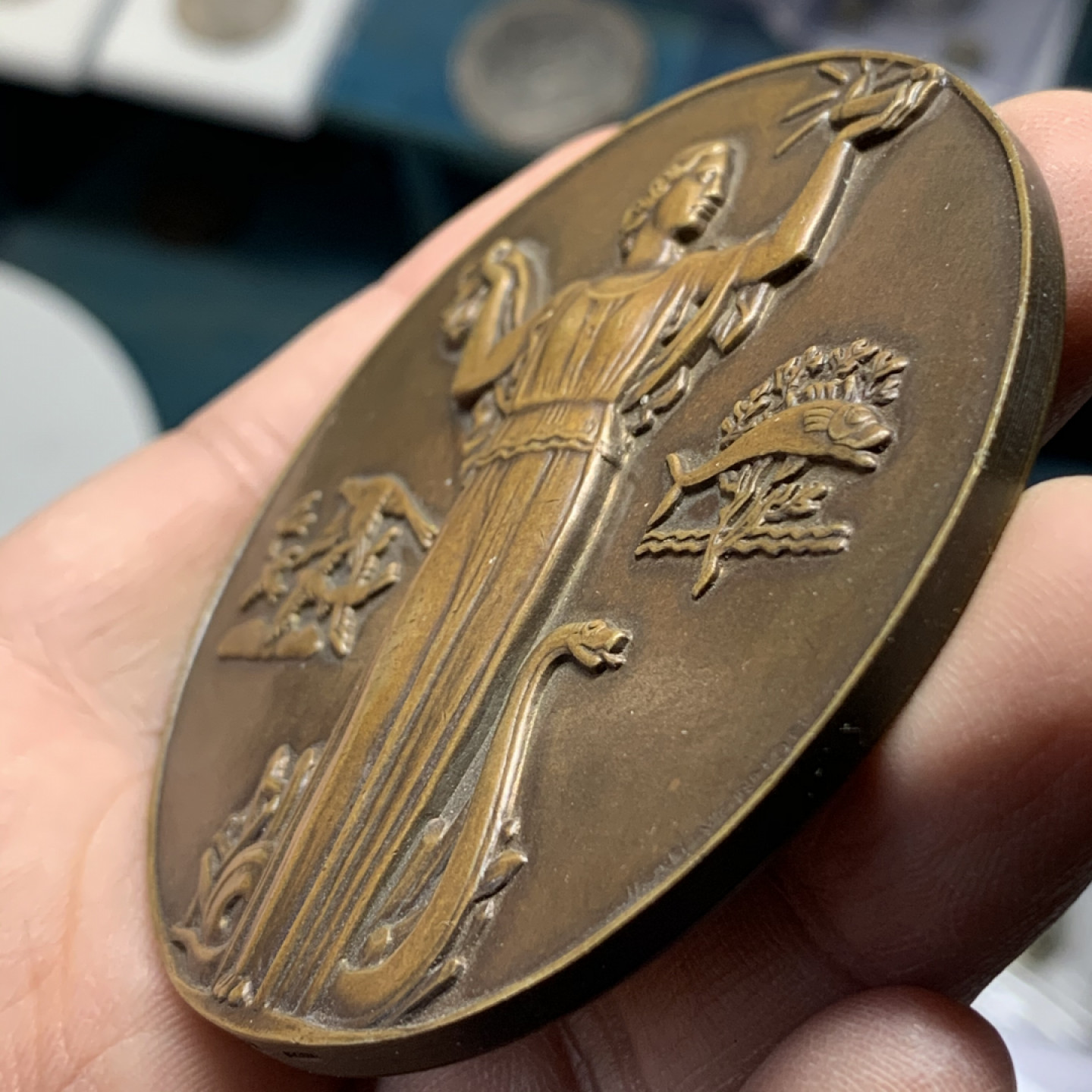 《竞宝斋》钱币微拍-第17场-本周日，周一2场连拍（全场顺丰包邮） 法国大铜章  直径68mm，重量124.65g。