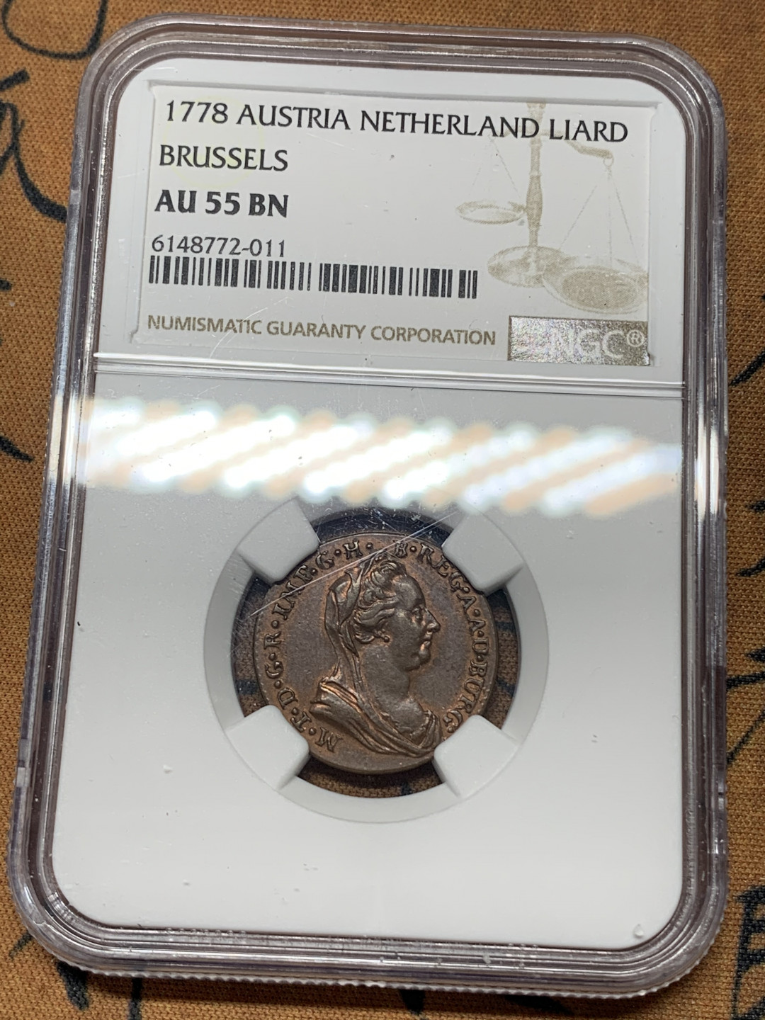 《竞宝斋》钱币微拍-第17场-本周日，周一2场连拍（全场顺丰包邮） NGC-AU55 奥属尼德兰 1778年 大奶妈 1L 铜币 原光好品 非常难得