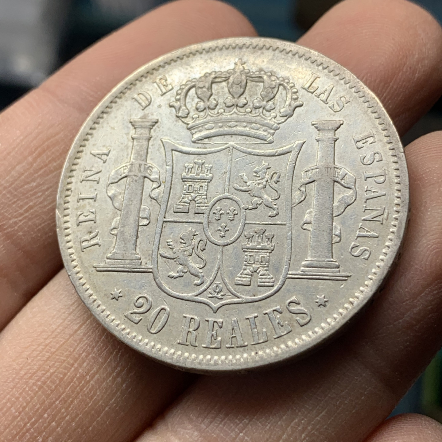 《竞宝斋》钱币微拍-第17场-本周日，周一2场连拍（全场顺丰包邮） 西班牙 1852年 伊萨贝拉猪妹妹 20R 大银币 底光好品 秒杀AU以下的盒子币