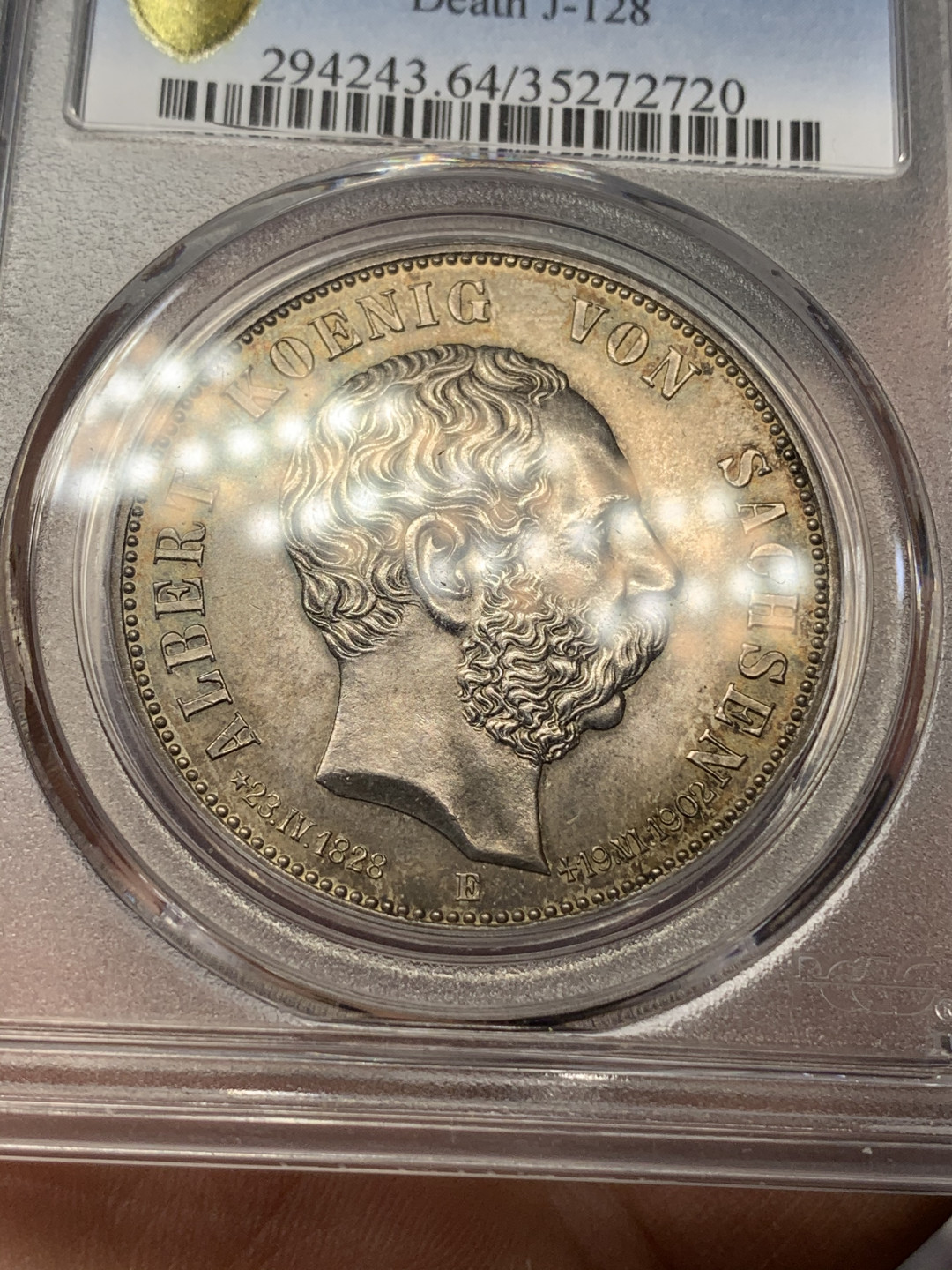 《竞宝斋》钱币微拍-第17场-本周日，周一2场连拍（全场顺丰包邮） NGC-MS64 德国萨克森 1902年 阿尔伯特逝世纪念 5马克 大银币 典型的欧洲包浆