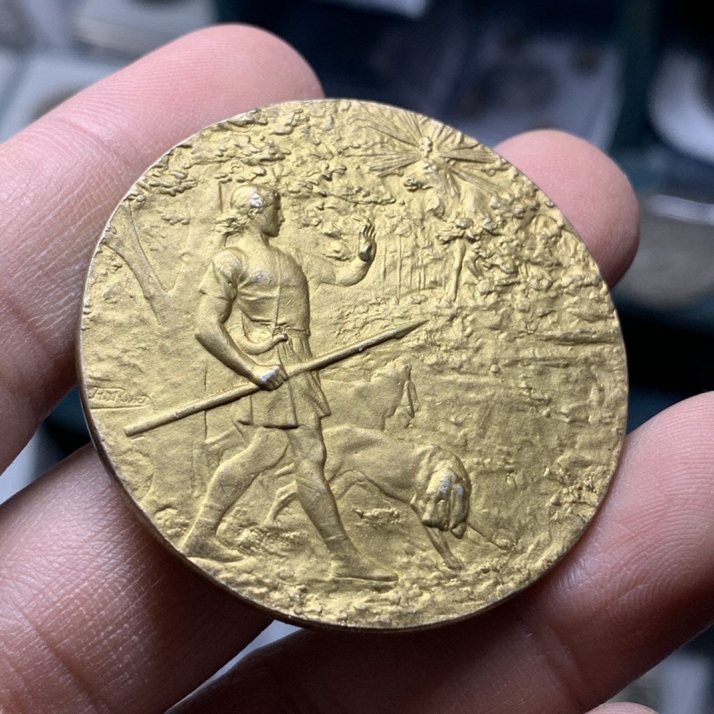 《竞宝斋》钱币微拍-第17场-本周日，周一2场连拍（全场顺丰包邮） 法国1910年镀金大银章 边铭为1ARGENT银标 （900银）镀金完好 43.5克，44.5mm