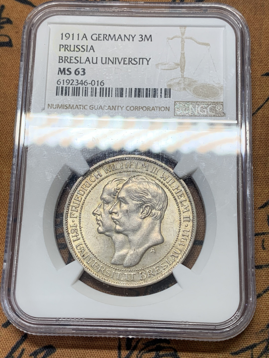 《竞宝斋》钱币微拍-第17场-本周日，周一2场连拍（全场顺丰包邮） NGC MS63 1911年德国普鲁士布雷斯劳大学3马克