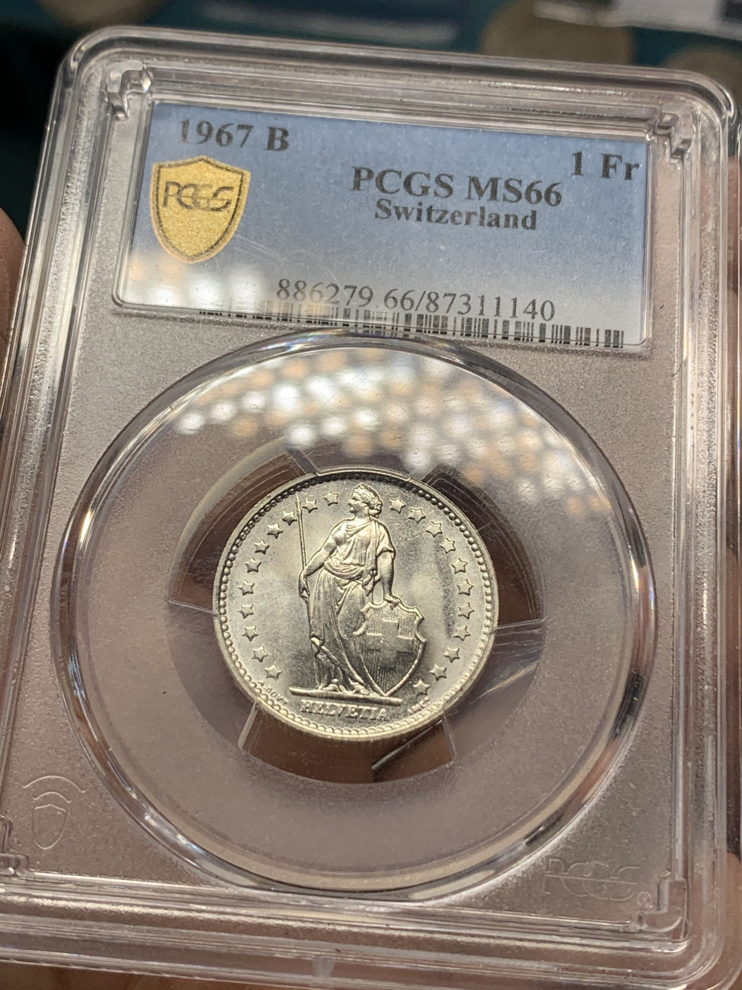 《竞宝斋》钱币微拍-第17场-本周日，周一2场连拍（全场顺丰包邮） PCGS-MS66 瑞士 1967B 1法郎 女神 银币 转光强烈 构图精美 高分小辅币，关门银币