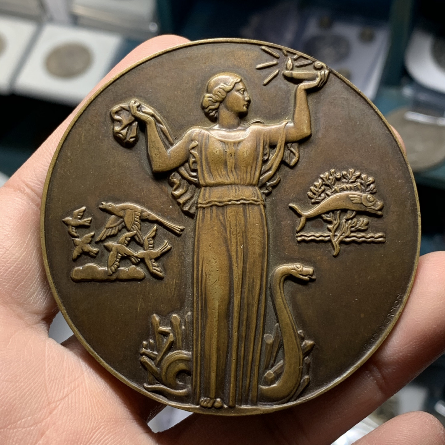 《竞宝斋》钱币微拍-第17场-本周日，周一2场连拍（全场顺丰包邮） 法国大铜章  直径68mm，重量124.65g。