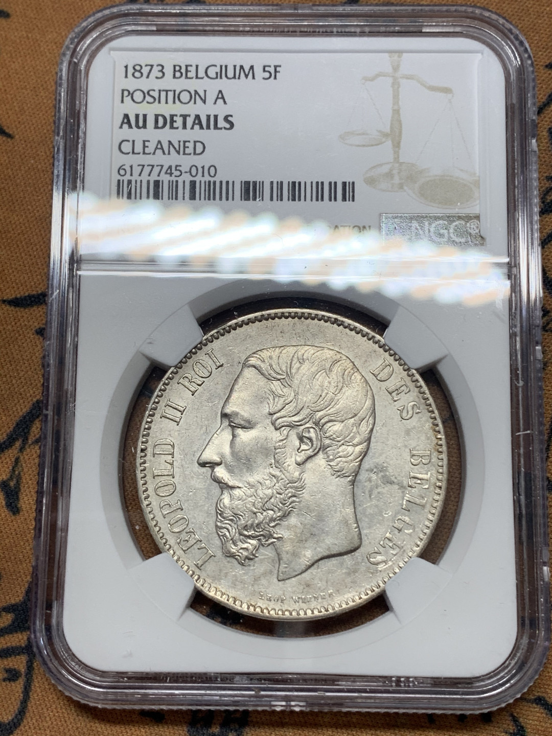 《竞宝斋》钱币微拍-第17场-本周日，周一2场连拍（全场顺丰包邮） NGC-AU评级 1873年 比利时 5法郎 A版 细节清晰，状态不错