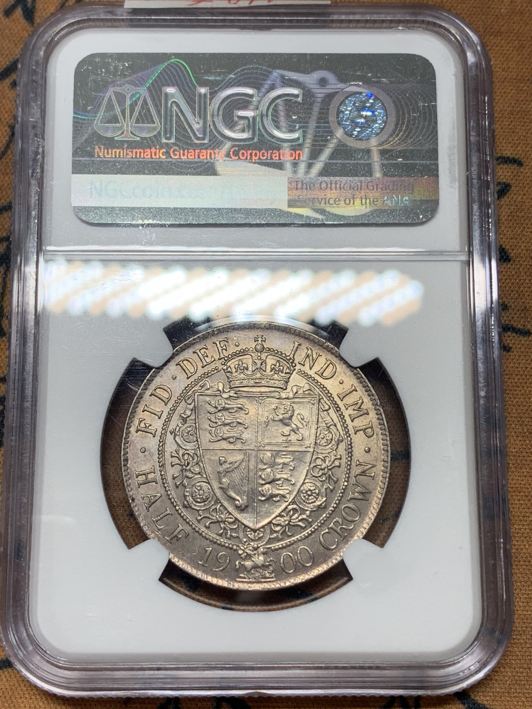 《竞宝斋》钱币微拍-第17场-本周日，周一2场连拍（全场顺丰包邮） NGC-AU58 英国 1900年 维多利亚披纱版 1/2克朗 银币 紫罗兰包浆