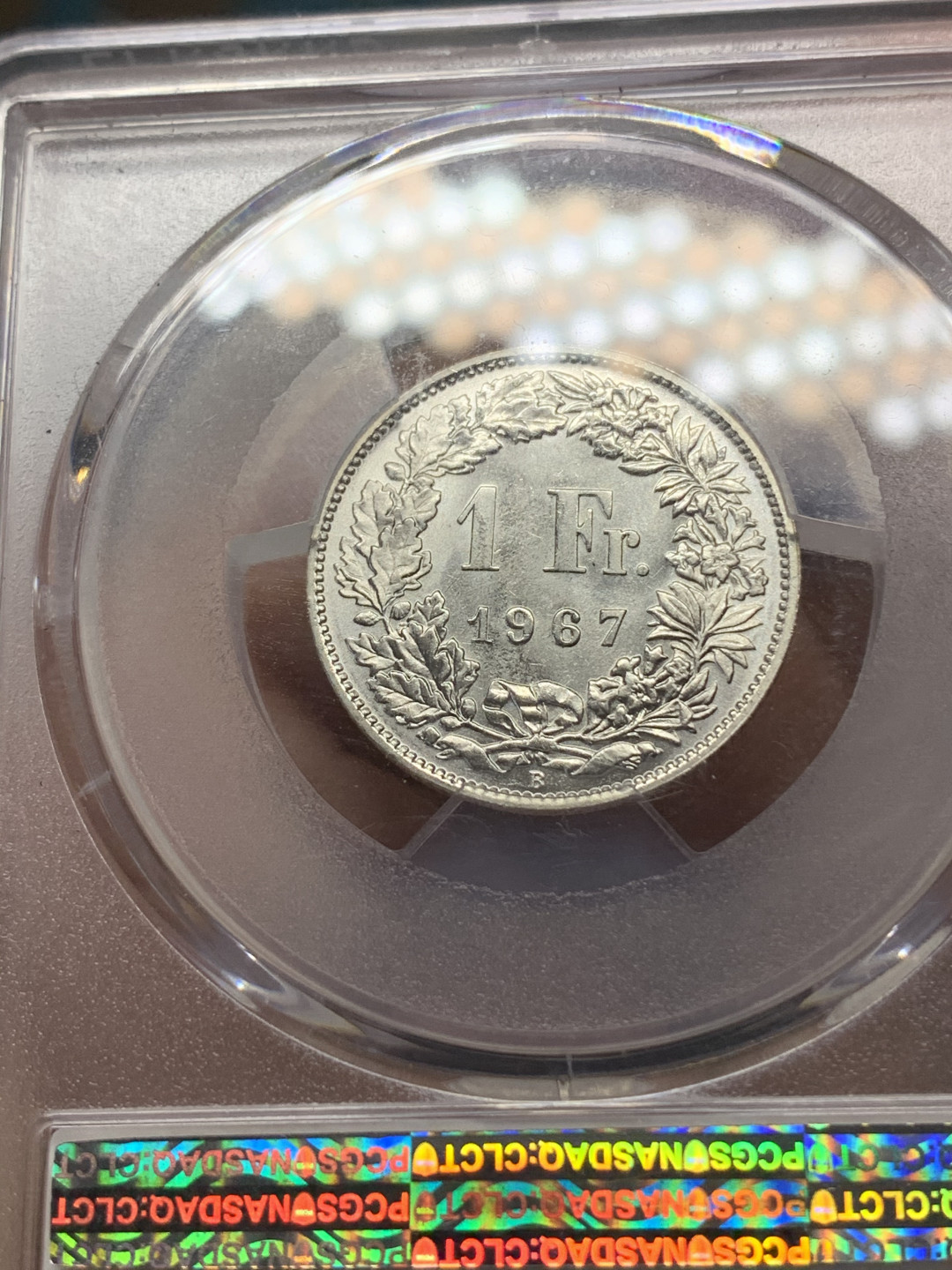 《竞宝斋》钱币微拍-第17场-本周日，周一2场连拍（全场顺丰包邮） PCGS-MS66 瑞士 1967B 1法郎 女神 银币 转光强烈 构图精美 高分小辅币，关门银币