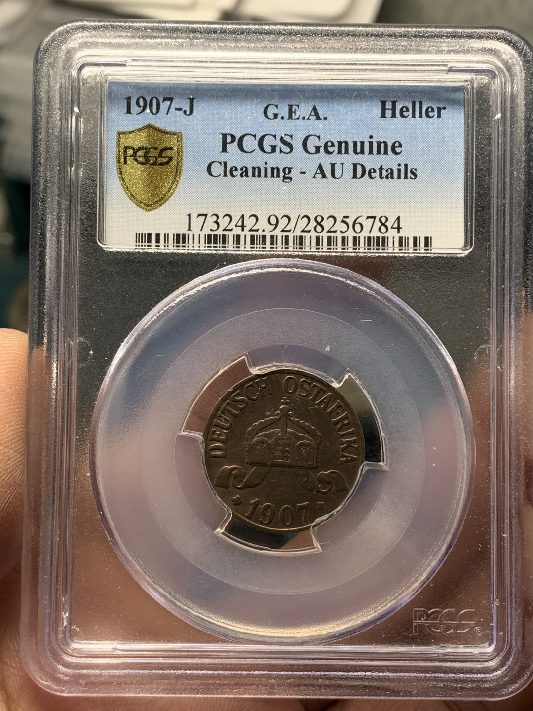 《竞宝斋》钱币微拍-第17场-本周日，周一2场连拍（全场顺丰包邮） PCGS-AU 德属东非 1907-J年 1HELLER 铜币