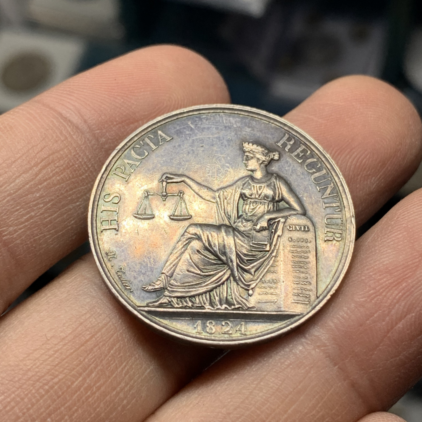 《竞宝斋》钱币微拍-第17场-本周日，周一2场连拍（全场顺丰包邮） 法国 1824年 公平女神圆形 银质代币 10.2克 30.16mm