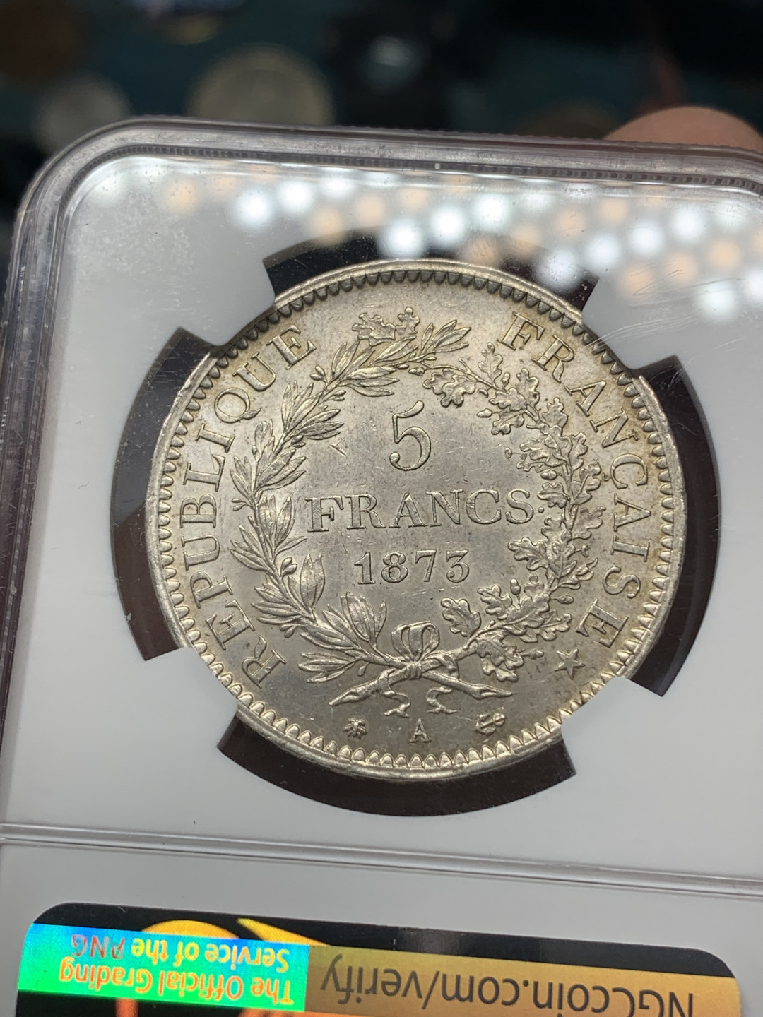 《竞宝斋》钱币微拍-第17场-本周日，周一2场连拍（全场顺丰包邮） NGC-MS63 法国第三共和国 1873A 5法郎 大力神 银币 淡彩包浆 浮雕细腻 潜力主币品种