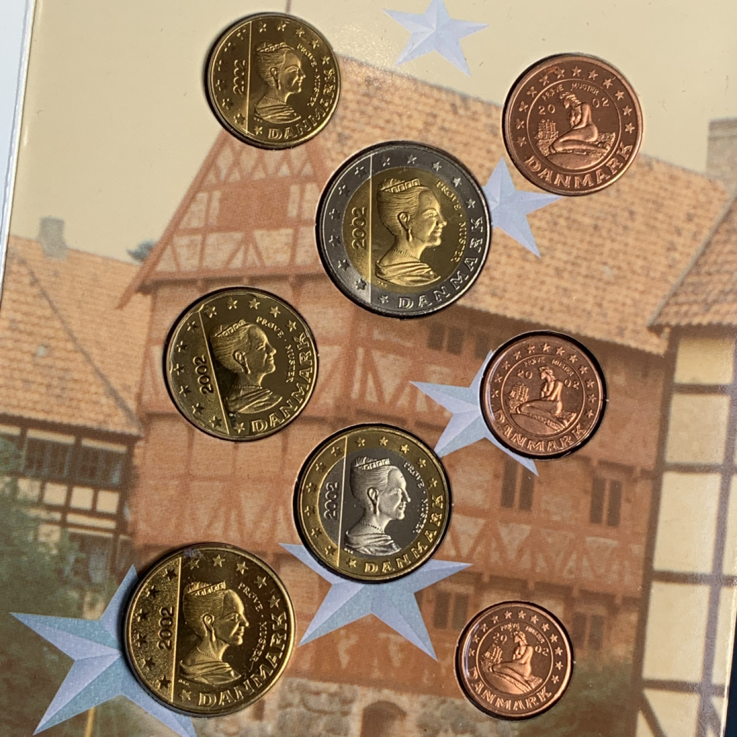 《竞宝斋》钱币微拍-第17场-本周日，周一2场连拍（全场顺丰包邮） 丹麦 2002年 欧元试铸样币 一套8枚 完美状态