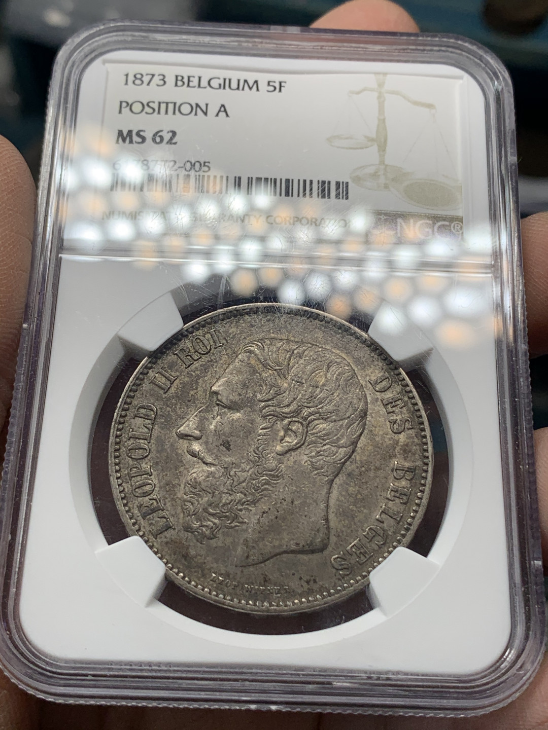 《竞宝斋》钱币微拍-第17场-本周日，周一2场连拍（全场顺丰包邮） NGC-MS62 比利时 1873年 5法郎 利奥波德二世 银币 极致老包浆 背面精美 比利时潜力主币品种