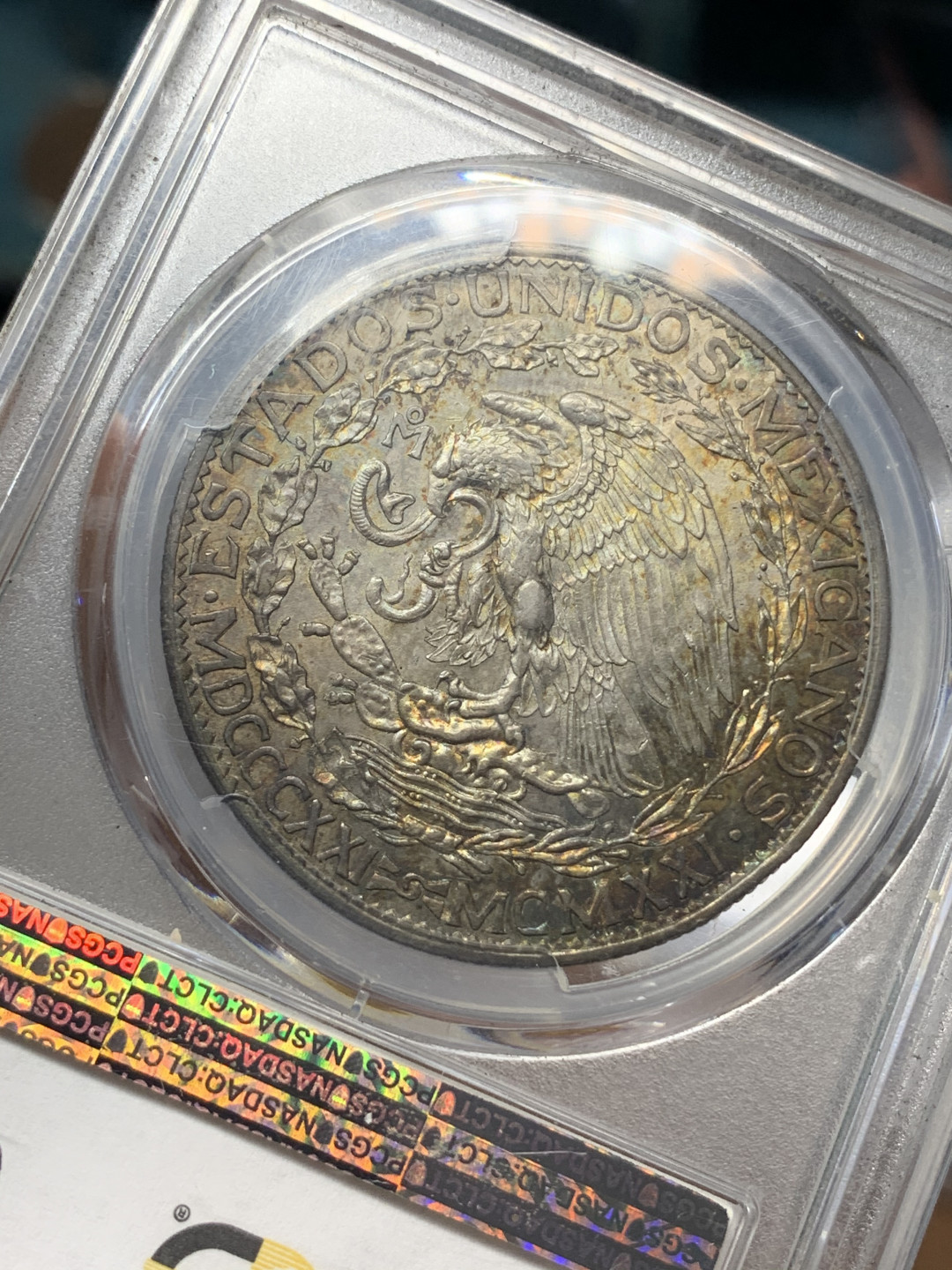 《竞宝斋》钱币微拍-第17场-本周日，周一2场连拍（全场顺丰包邮） PCGS-MS61 深彩包浆 状态难得 1921 墨西哥 2比索 女神鹰洋银币