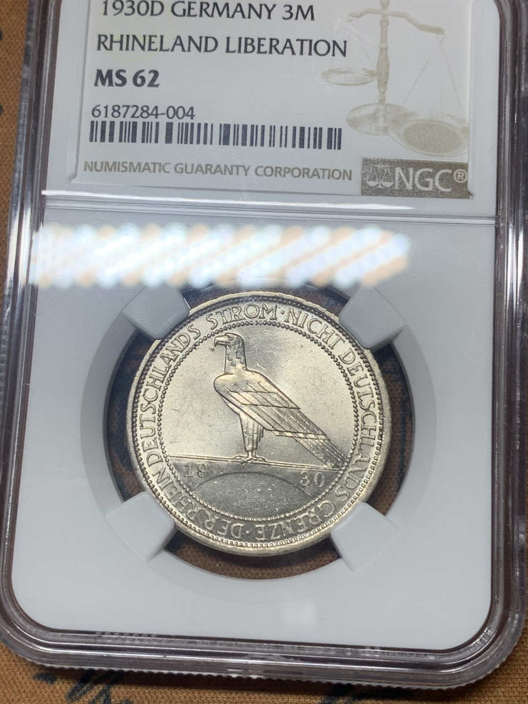 《竞宝斋》钱币微拍-第18场-本周日，周一2场连拍（全场顺丰包邮） NGC MS62 德国魏玛1930年解放莱茵鹰桥3马克银币