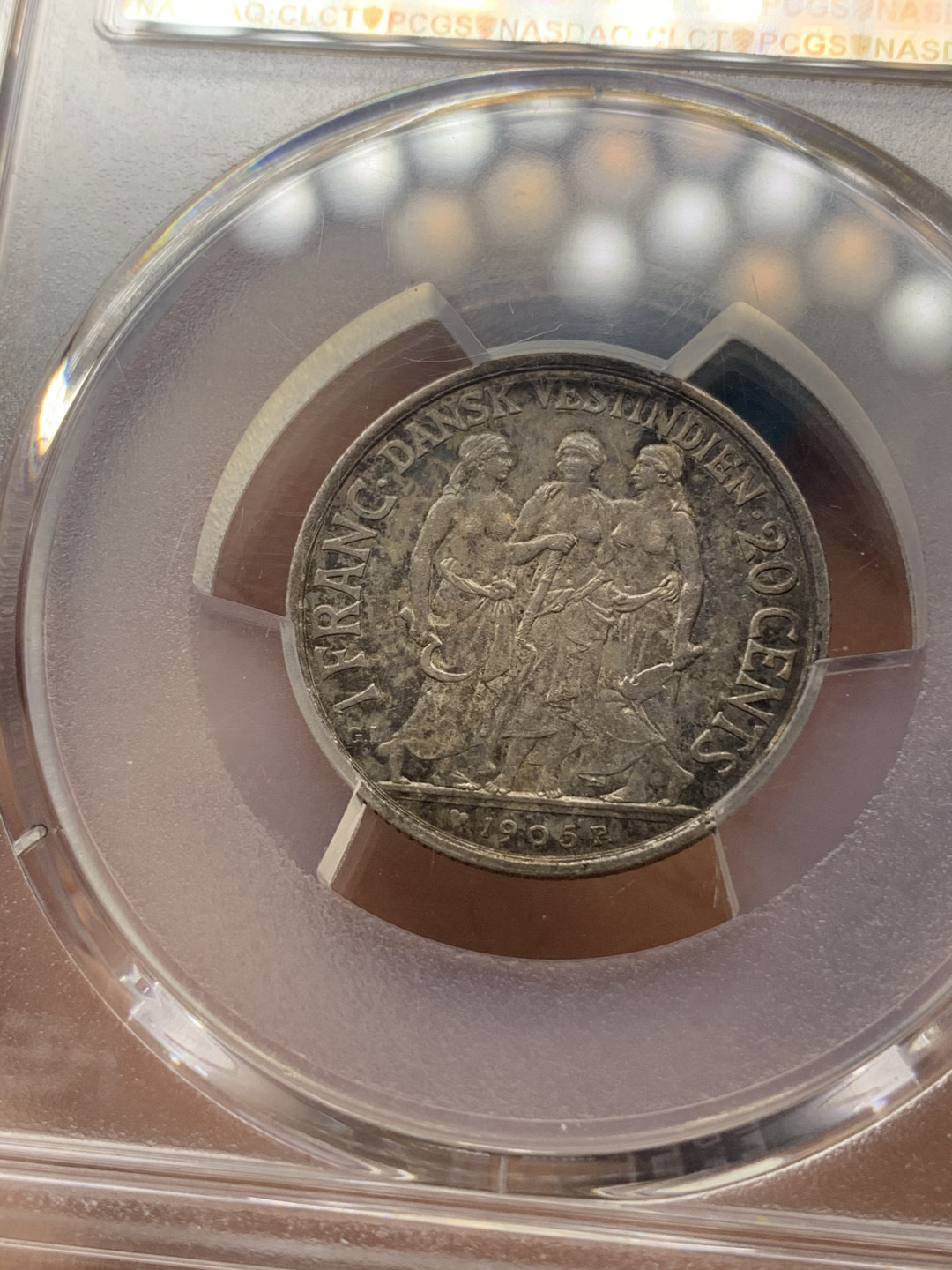 《竞宝斋》钱币微拍-第18场-本周日，周一2场连拍（全场顺丰包邮） PCGS MS62丹属西印度1905年三裸女20分银币