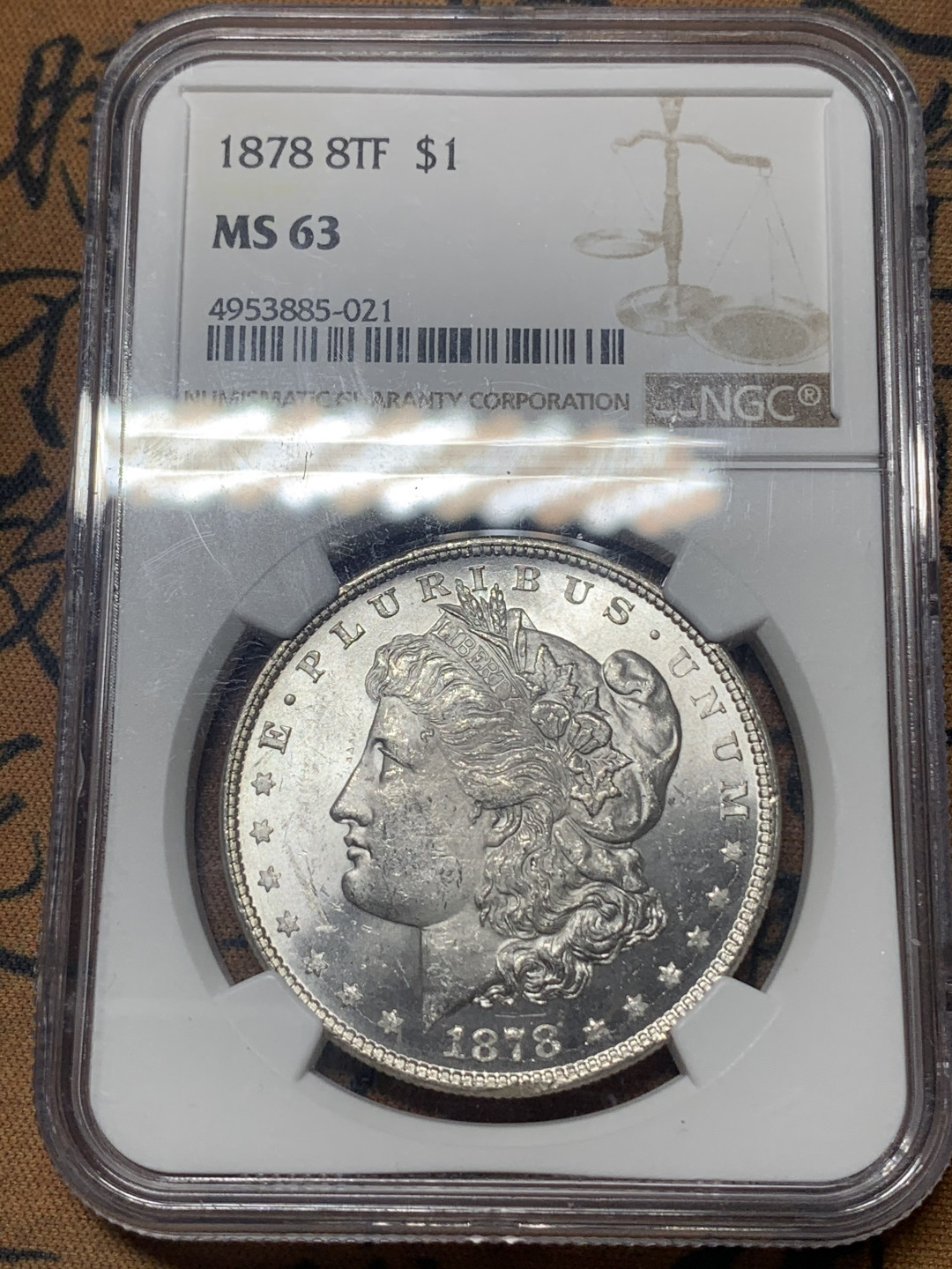 《竞宝斋》钱币微拍-第18场-本周日，周一2场连拍（全场顺丰包邮） NGC-MS63 美国1878年 摩根币 首年八羽 摩根党不可或缺的品种