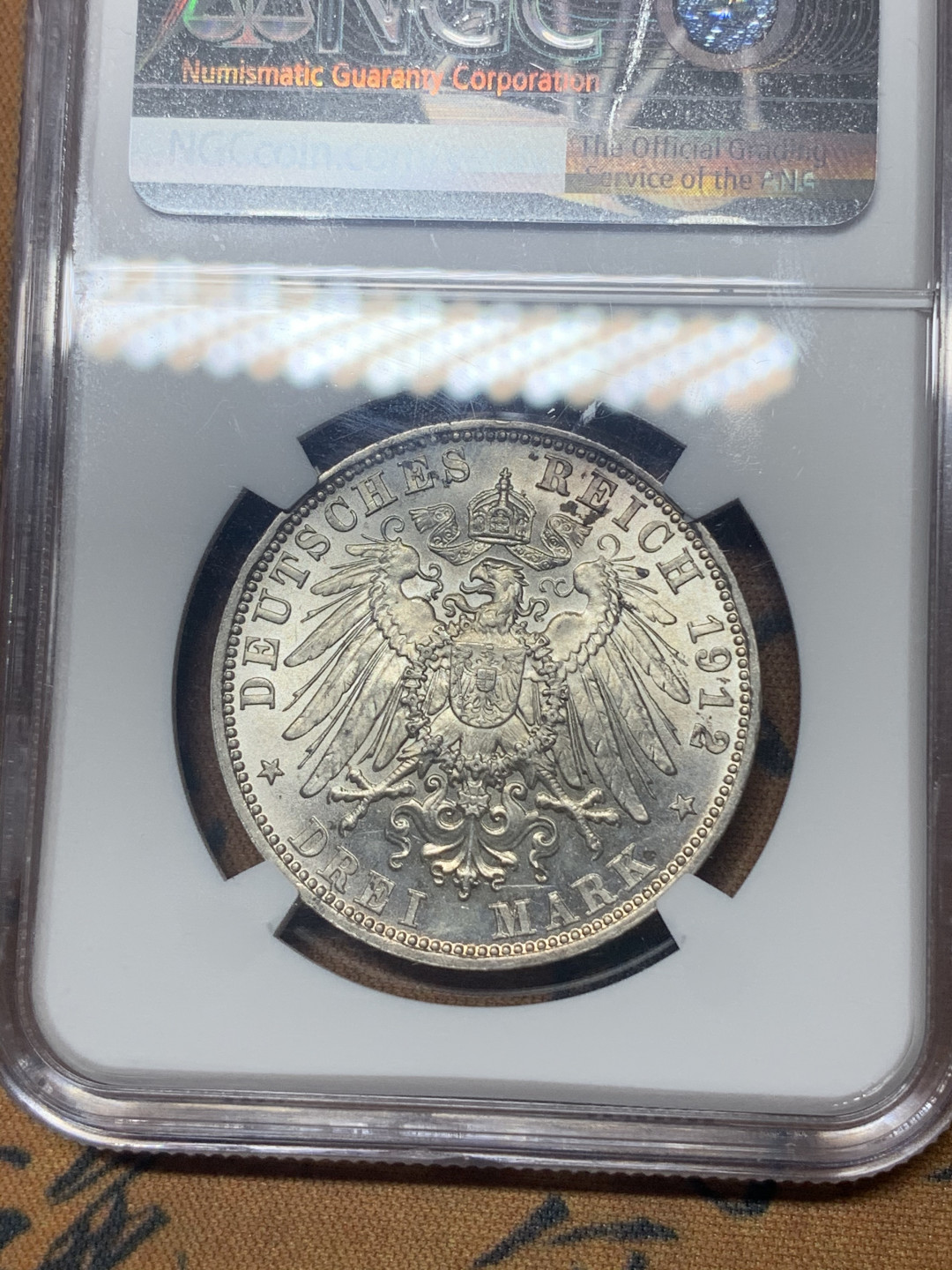 《竞宝斋》钱币微拍-第18场-本周日，周一2场连拍（全场顺丰包邮） NGC MS62 德国巴伐利亚1912年奥拓3马克银币