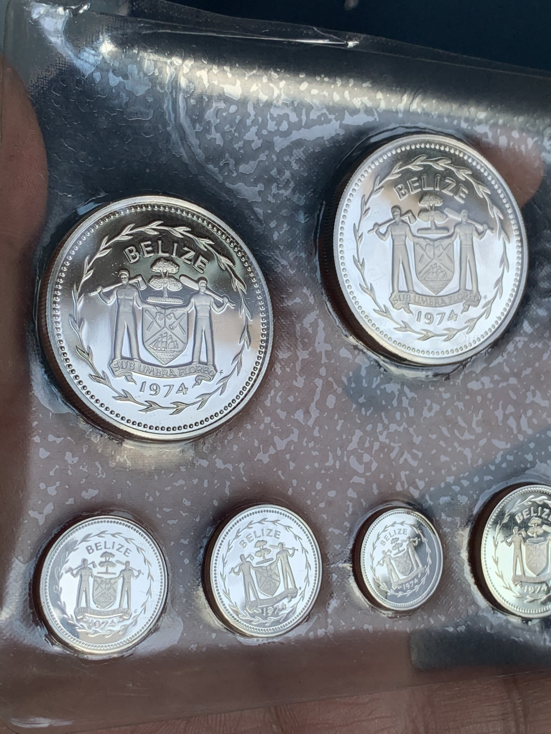 《竞宝斋》钱币微拍-第18场-本周日，周一2场连拍（全场顺丰包邮） 伯利兹 1974年 8枚装 全银套币102.79克 0.925银 29.80+26.40+19.89+9.94+6.60+2.79+4.35+3.02   绒盒保证，证书齐全，无破损