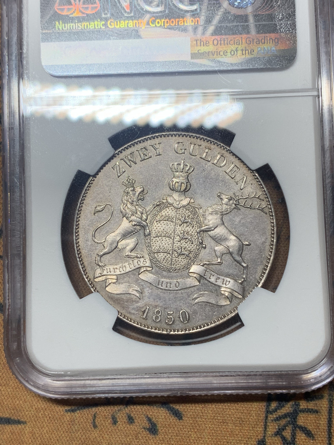 《竞宝斋》钱币微拍-第18场-本周日，周一2场连拍（全场顺丰包邮） NGC UNCD 德国符腾堡1850年狮鹿2盾银币