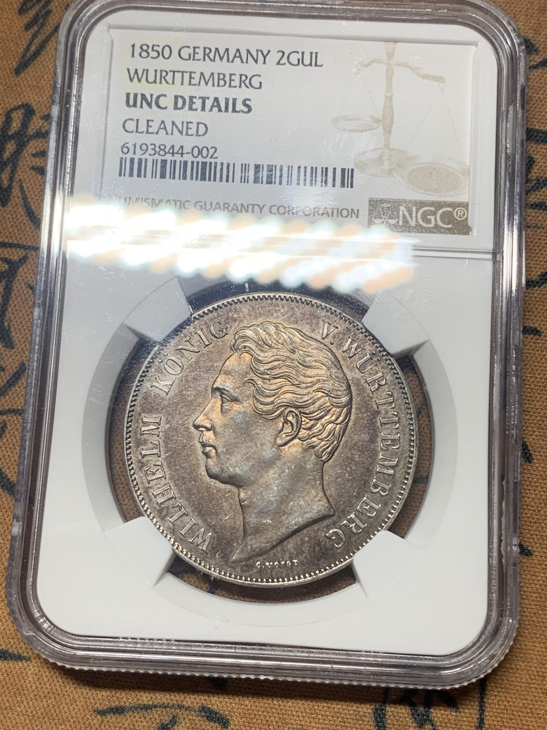 《竞宝斋》钱币微拍-第18场-本周日，周一2场连拍（全场顺丰包邮） NGC UNCD 德国符腾堡1850年狮鹿2盾银币