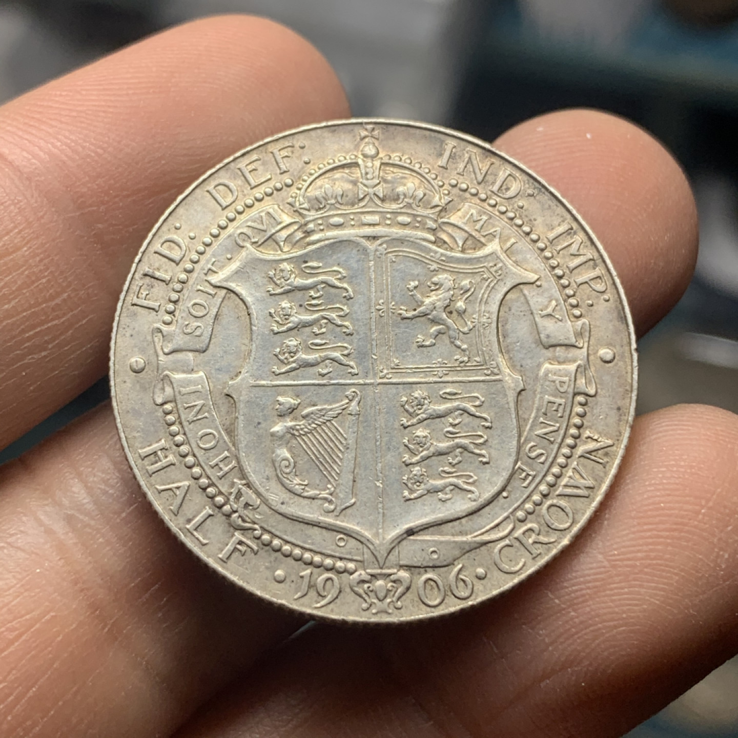 《竞宝斋》钱币微拍-第18场-本周日，周一2场连拍（全场顺丰包邮） 英国1906 爱七1/2 克朗 少见年份 好品相难得 淡彩包浆 