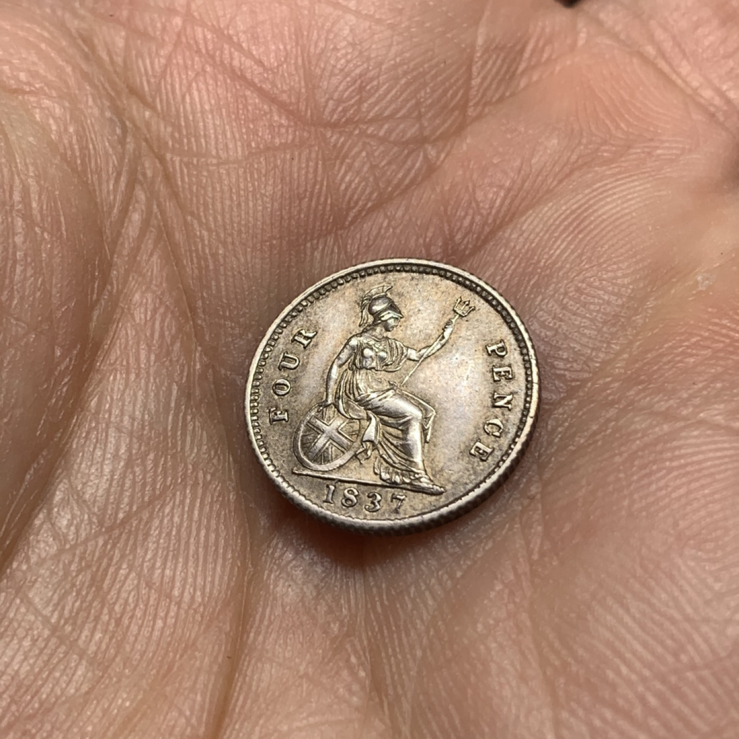 《竞宝斋》钱币微拍-第18场-本周日，周一2场连拍（全场顺丰包邮） 英国1837 威廉四世 四便士一枚 老五彩包浆 细节非常的不错