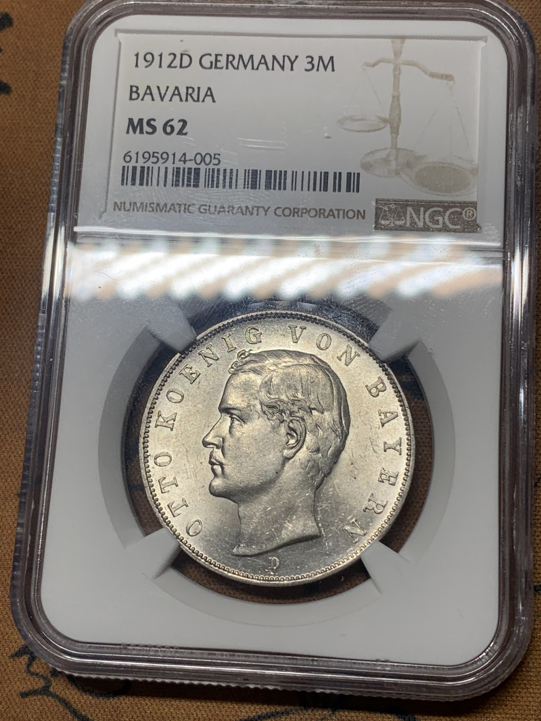 《竞宝斋》钱币微拍-第18场-本周日，周一2场连拍（全场顺丰包邮） NGC MS62 德国巴伐利亚1912年奥拓3马克银币