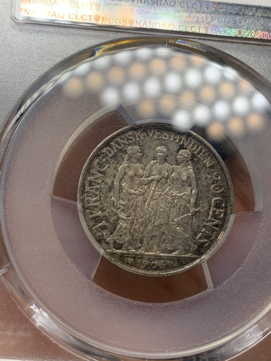 《竞宝斋》钱币微拍-第18场-本周日，周一2场连拍（全场顺丰包邮） PCGS MS62丹属西印度1905年三裸女20分银币