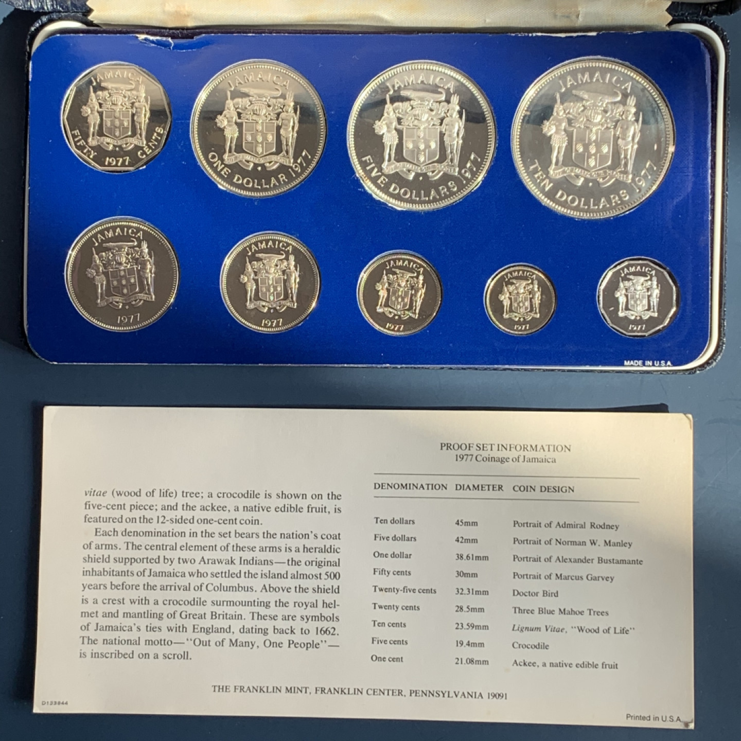 《竞宝斋》钱币微拍-第18场-本周日，周一2场连拍（全场顺丰包邮） 牙买加 1977年 9枚装 套币 两枚银币 银币合计80.4克  0.925银  37.60克和42.80克 盒证全，无破损