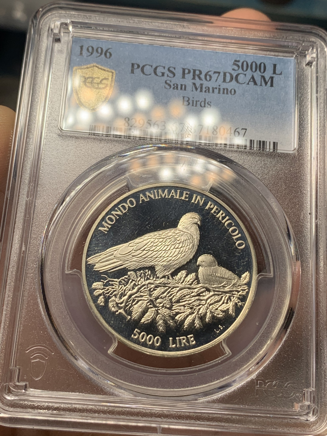 《竞宝斋》钱币微拍-第18场-本周日，周一2场连拍（全场顺丰包邮） PCGS PR67DCAM 圣马力诺1996年5000里拉精制银币