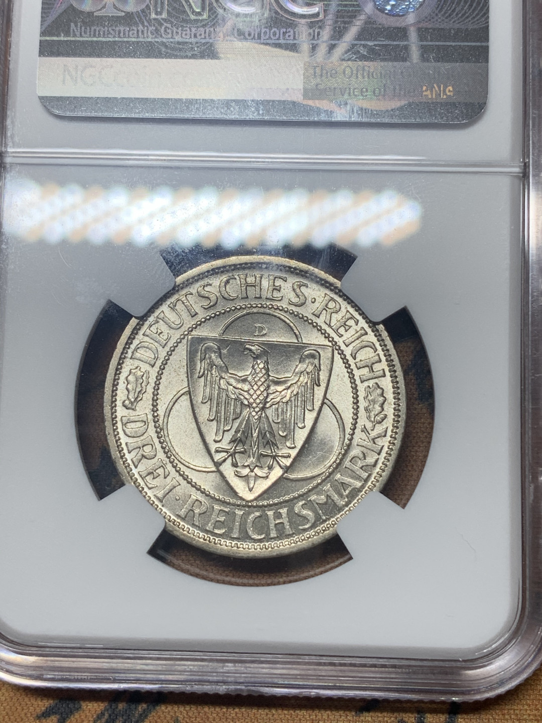 《竞宝斋》钱币微拍-第18场-本周日，周一2场连拍（全场顺丰包邮） NGC MS62 德国魏玛1930年解放莱茵鹰桥3马克银币