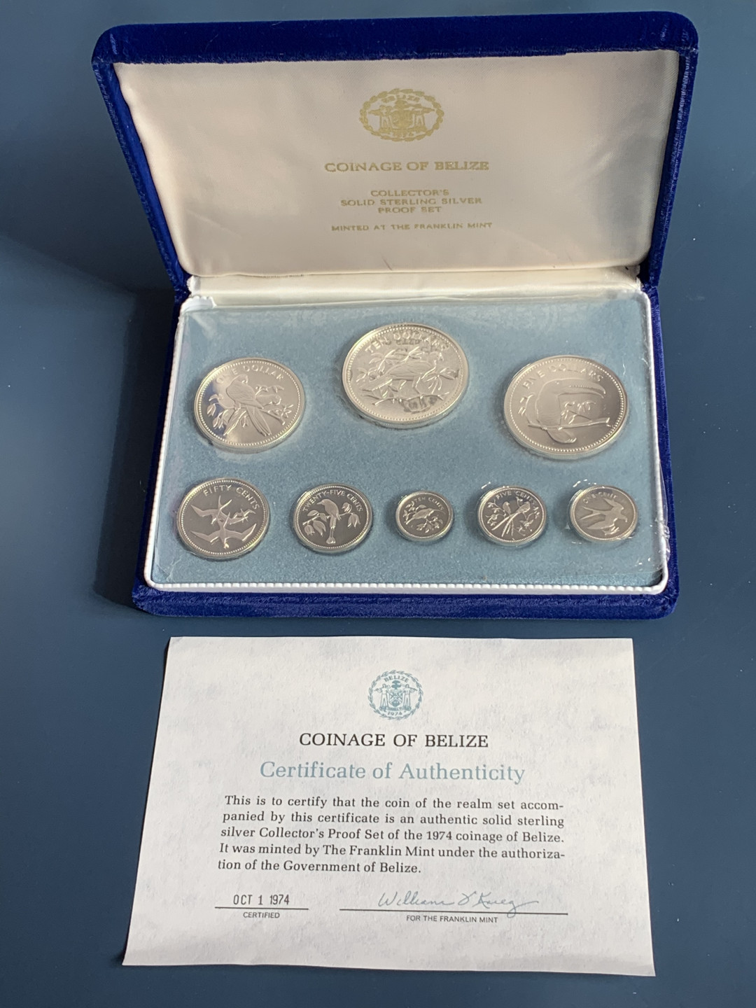 《竞宝斋》钱币微拍-第18场-本周日，周一2场连拍（全场顺丰包邮） 伯利兹 1974年 8枚装 全银套币102.79克 0.925银 29.80+26.40+19.89+9.94+6.60+2.79+4.35+3.02   绒盒保证，证书齐全，无破损