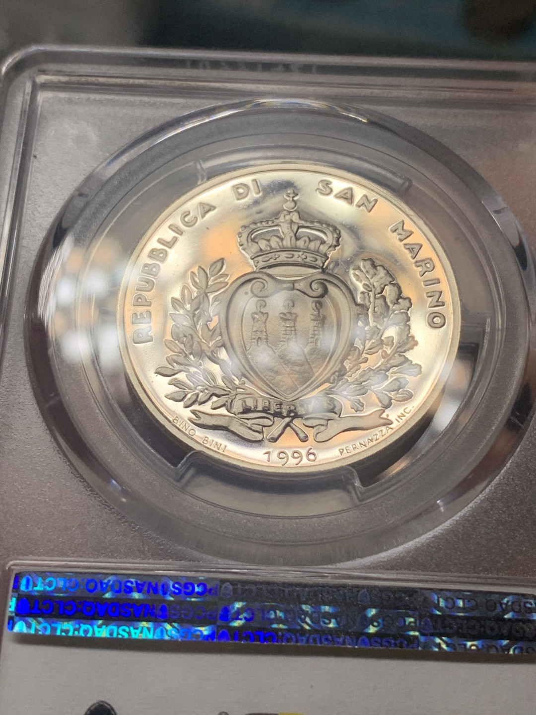 《竞宝斋》钱币微拍-第18场-本周日，周一2场连拍（全场顺丰包邮） PCGS PR67DCAM 圣马力诺1996年5000里拉精制银币