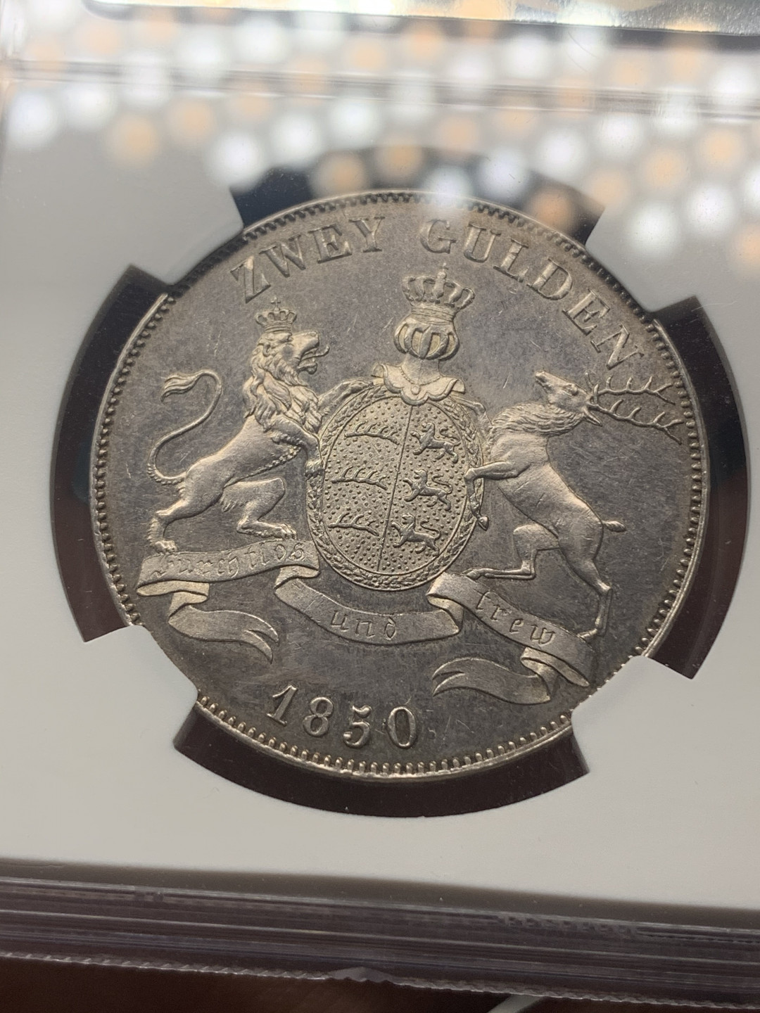 《竞宝斋》钱币微拍-第18场-本周日，周一2场连拍（全场顺丰包邮） NGC UNCD 德国符腾堡1850年狮鹿2盾银币