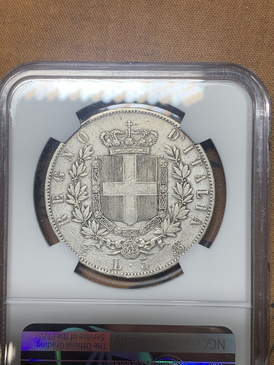 《竞宝斋》钱币微拍-第18场-本周日，周一2场连拍（全场顺丰包邮） NGC评级VF30 少见T厂 1865年意大利埃曼努尔二世5里拉银币