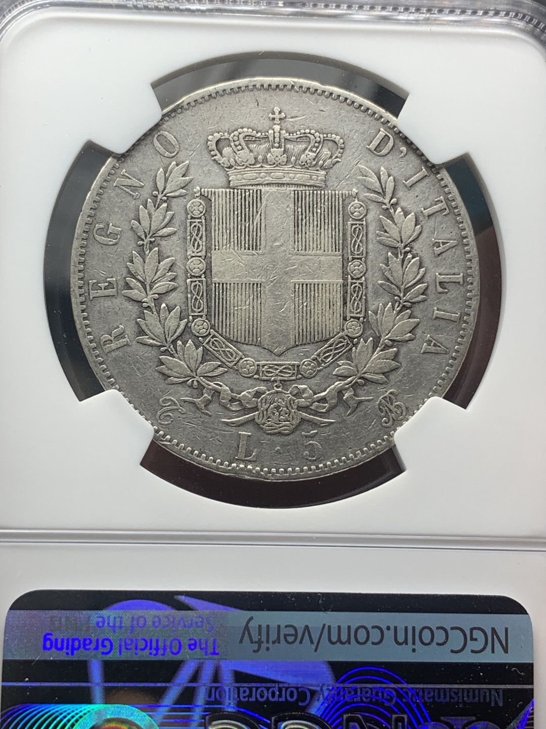 《竞宝斋》钱币微拍-第18场-本周日，周一2场连拍（全场顺丰包邮） NGC评级VF30 少见T厂 1865年意大利埃曼努尔二世5里拉银币