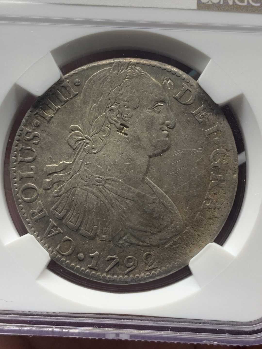 《竞宝斋》钱币微拍-第18场-本周日，周一2场连拍（全场顺丰包邮） NGC 评级 墨西哥 1792年 卡四 8R 大银币 正反深打 原味包浆 有小戳