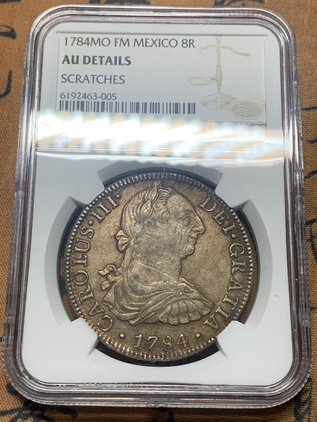 《竞宝斋》钱币微拍-第18场-本周日，周一2场连拍（全场顺丰包邮） NGC 评级 墨西哥 1784年 卡三 8R 大银币 正反深打 原味包浆 难得好细节