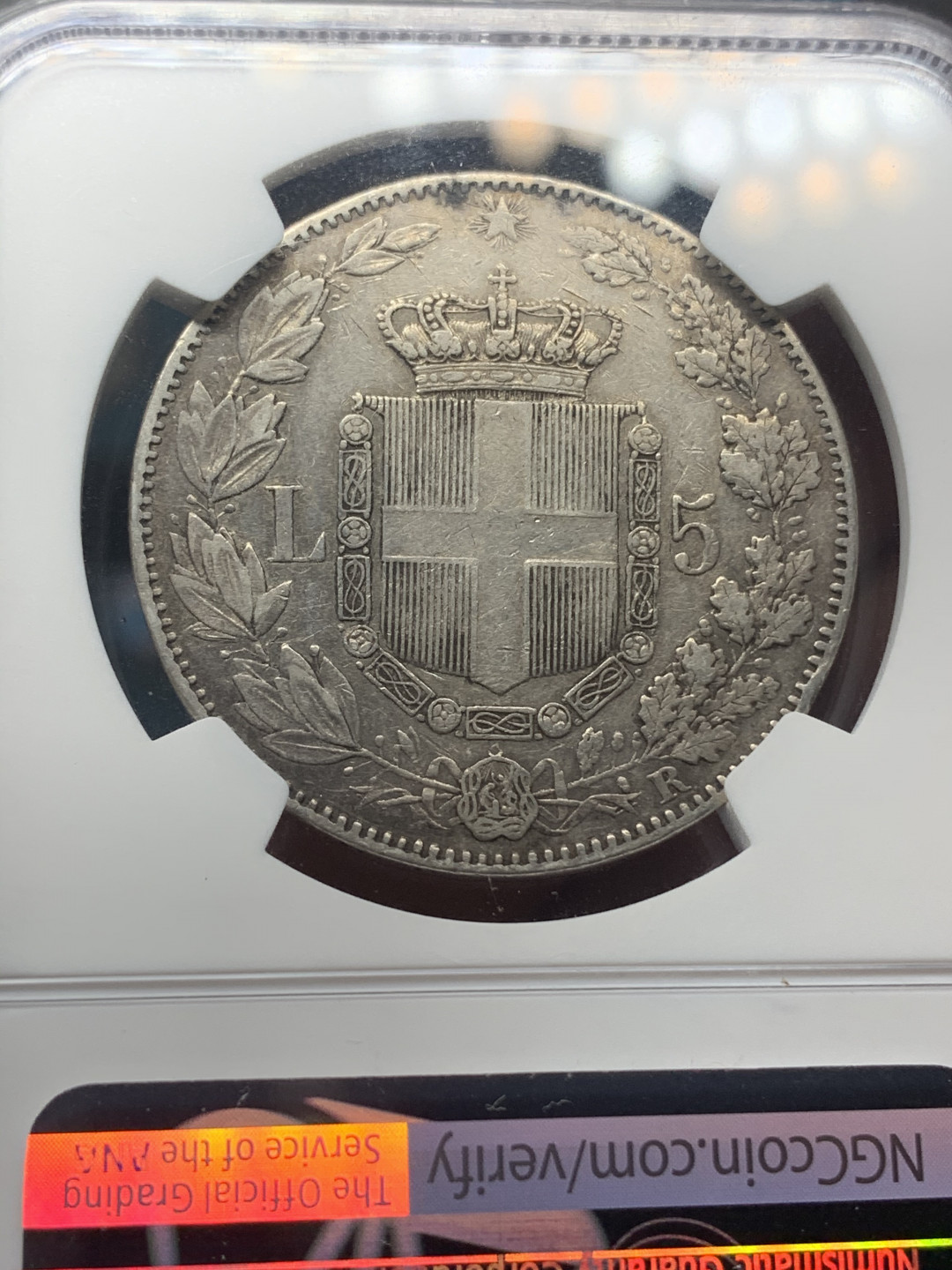 《竞宝斋》钱币微拍-第18场-本周日，周一2场连拍（全场顺丰包邮） NGC评级XF45 1879年意大利翁贝托一世5里拉银币NGC评级XF45