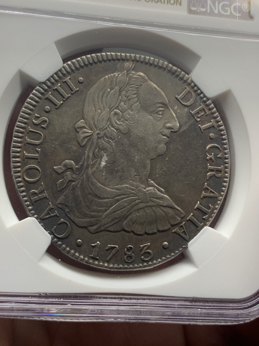《竞宝斋》钱币微拍-第18场-本周日，周一2场连拍（全场顺丰包邮） NGC 评级 墨西哥 1783年 卡三 8R 大银币 正反深打 味道非常好的一枚