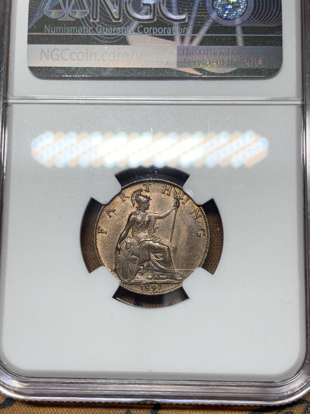 《竞宝斋》钱币微拍-第18场-本周日，周一2场连拍（全场顺丰包邮） NGC MS63RB 英国1897年1/4便士 UNBLACKENED NGC编号：4896060-086