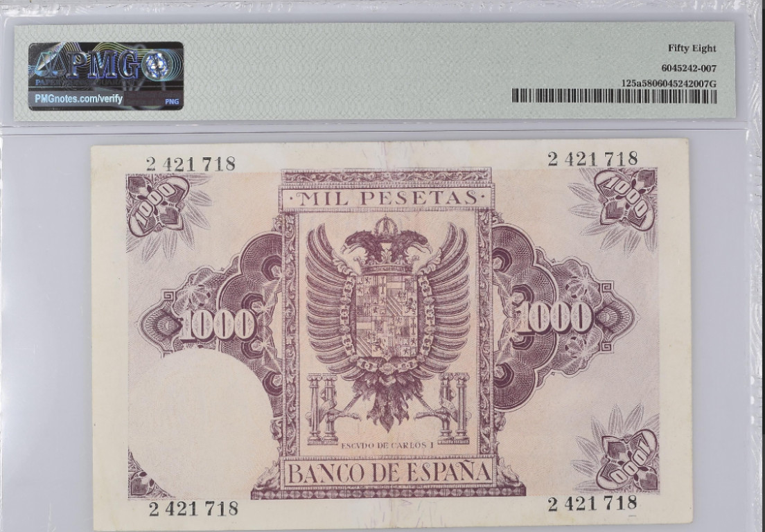 近全新西班牙1000比赛塔1940年AU稀少PMG58卡洛斯一世