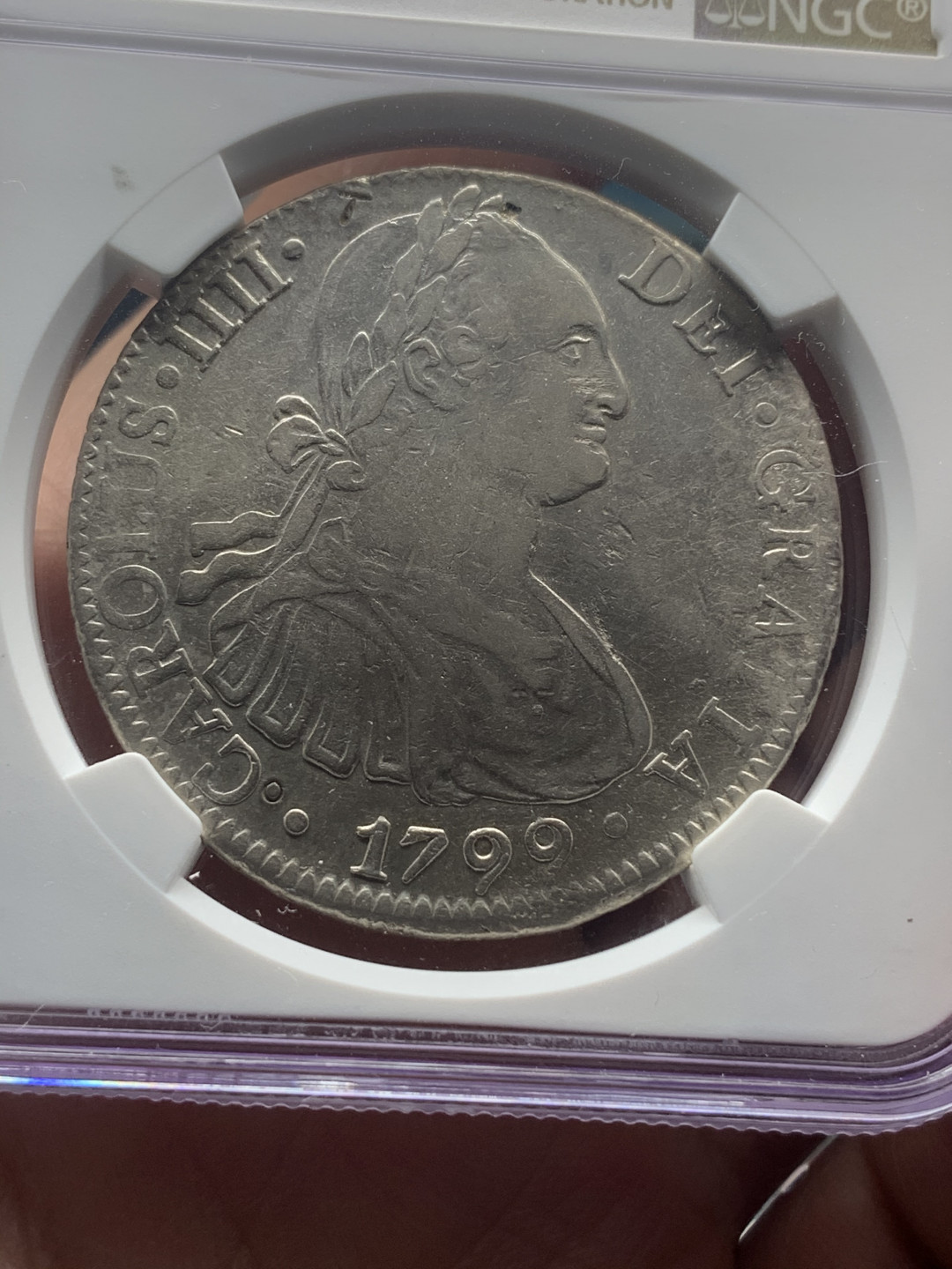 《竞宝斋》钱币微拍-第18场-本周日，周一2场连拍（全场顺丰包邮） NGC 评级 墨西哥 1799年 卡四 8R 大银币 正反深打 底面底光 有小戳