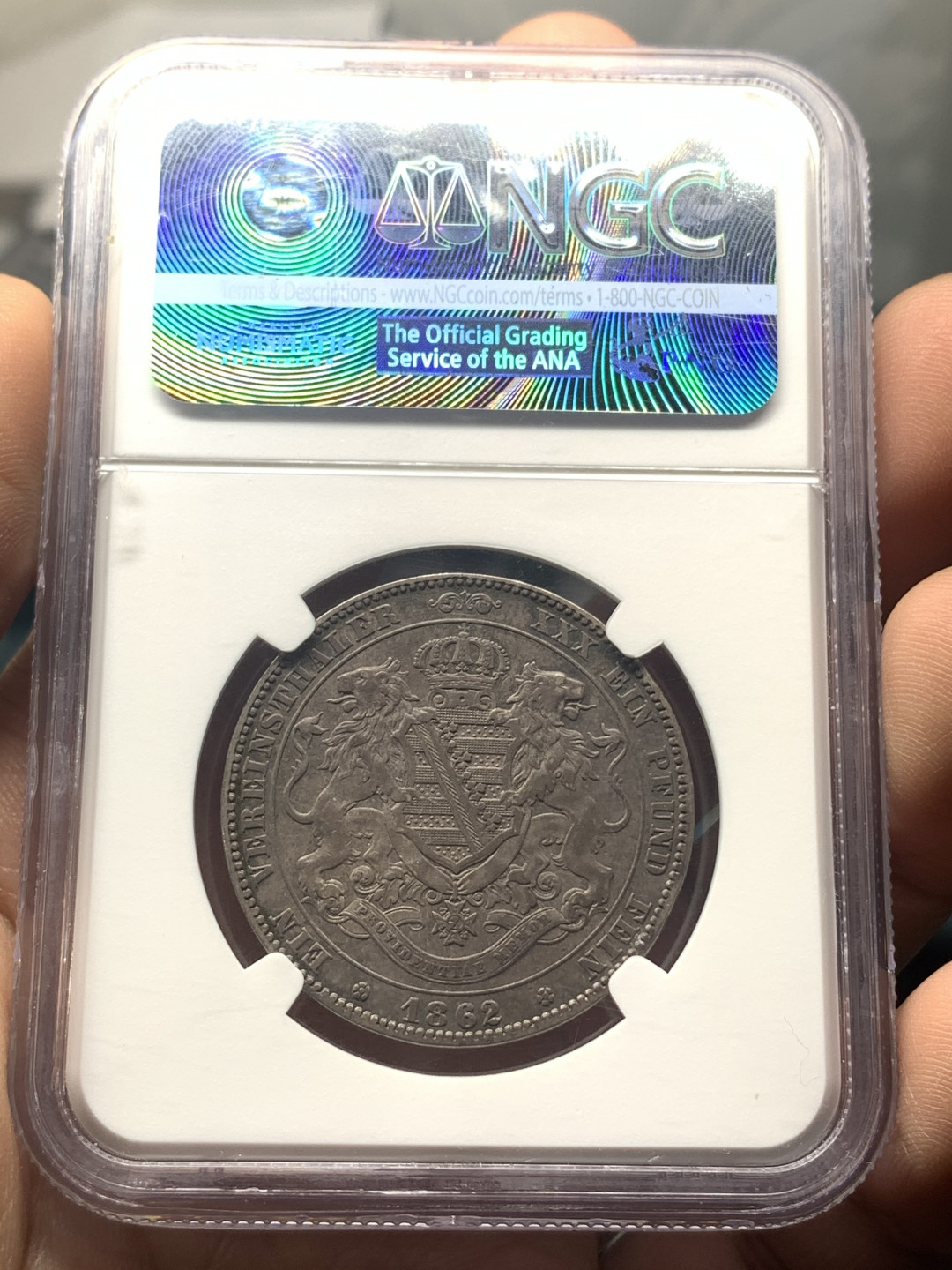 《竞宝斋》钱币微拍-第18场-本周日，周一2场连拍（全场顺丰包邮） NGC-AU 德国萨克森 1862年 约翰五世双狮1泰勒 原味老包浆