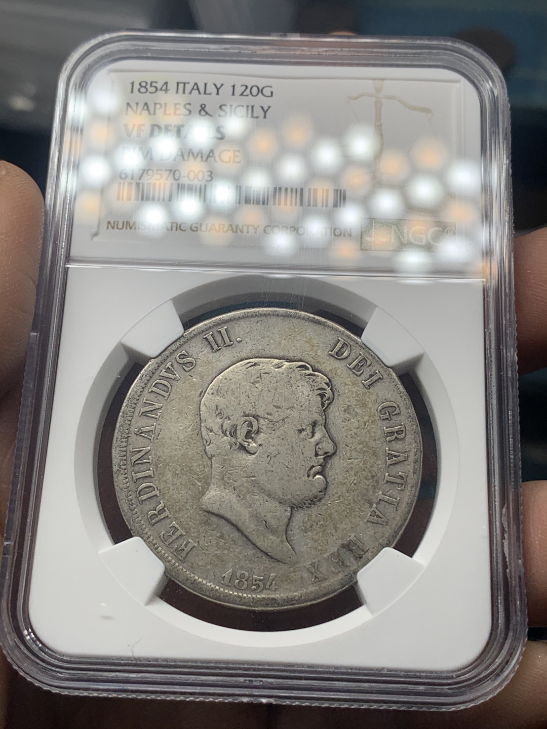 《竞宝斋》钱币微拍-第18场-本周日，周一2场连拍（全场顺丰包邮） NGC-VF 意大利 1854年 那不勒斯和西西里120格雷纳银币 小头版