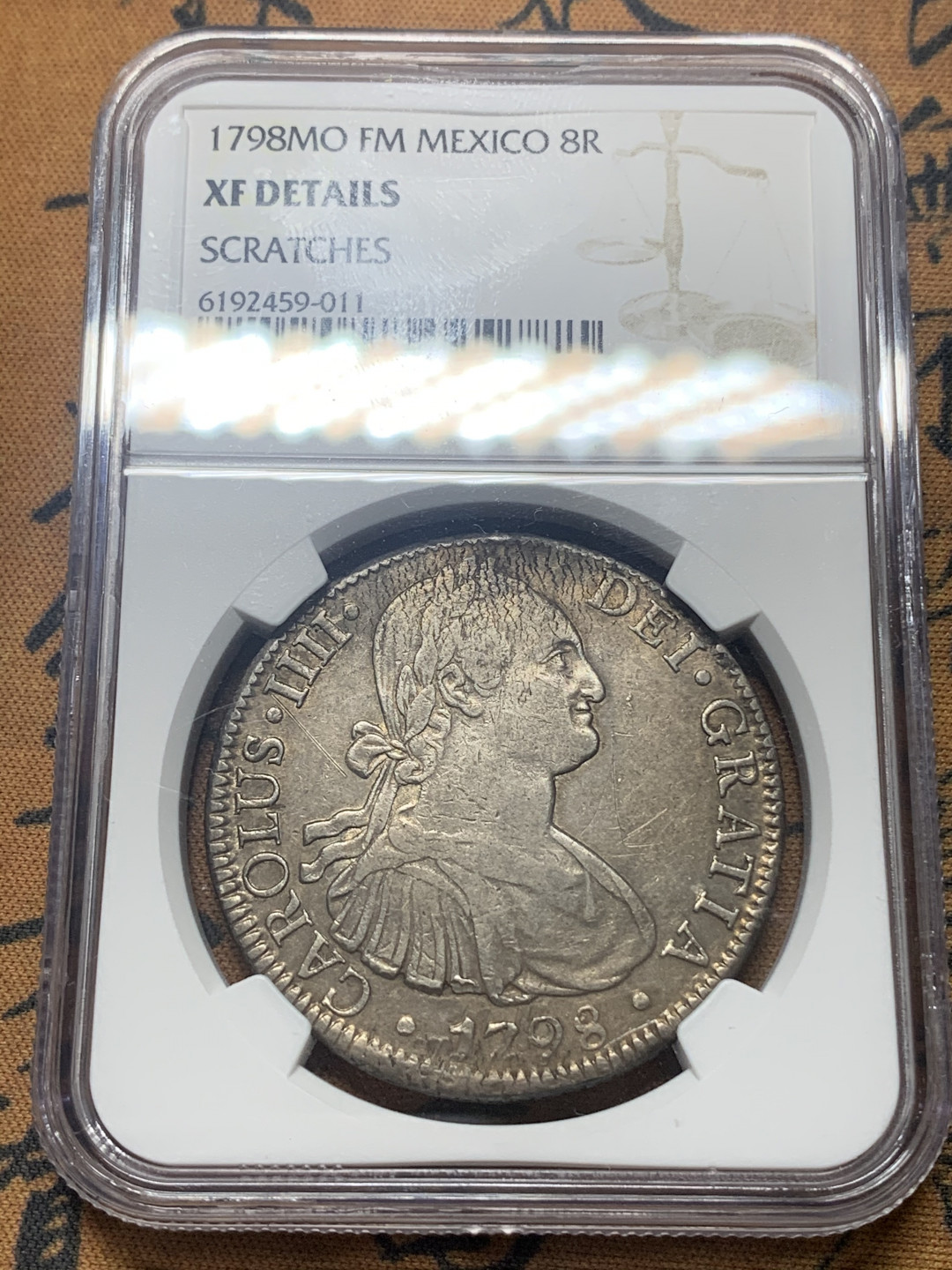 《竞宝斋》钱币微拍-第18场-本周日，周一2场连拍（全场顺丰包邮） NGC 评级 墨西哥 1798年 卡四 8R 大银币 正反深打 原味包浆