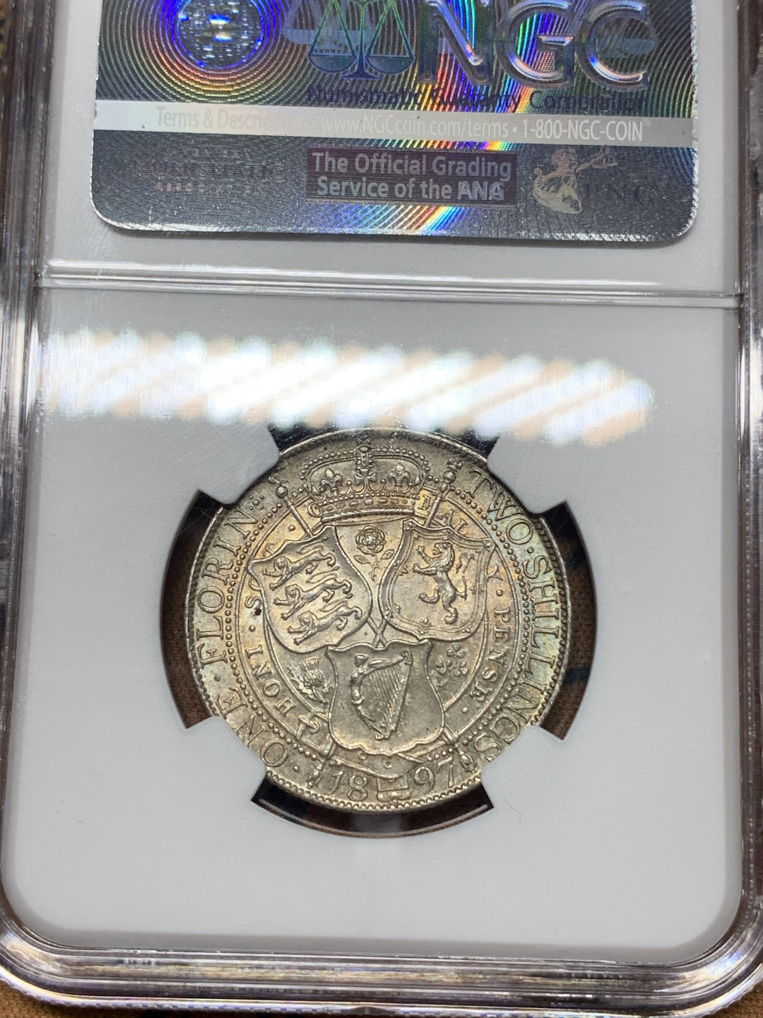 《竞宝斋》钱币微拍-第18场-本周日，周一2场连拍（全场顺丰包邮） NGC MS62 英国1897年2先令 NGC编号：4312794-017 双面带彩