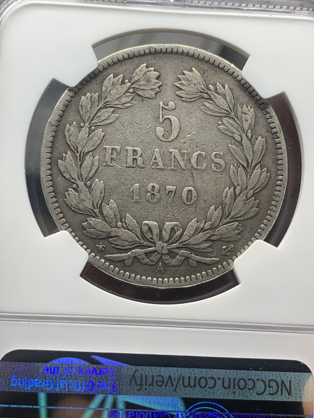 《竞宝斋》钱币微拍-第18场-本周日，周一2场连拍（全场顺丰包邮） NGC评级XF40 1870年法国谷物女神5法郎银币无字版 发行量仅64000枚，稀少