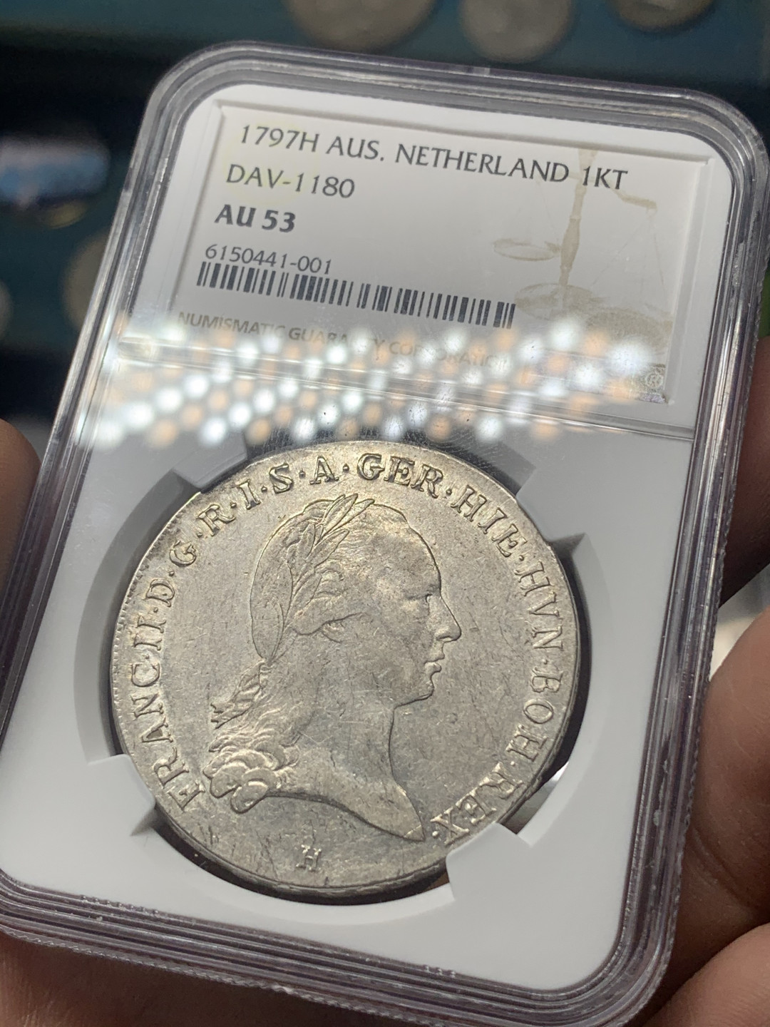 《竞宝斋》钱币微拍-第18场-本周日，周一2场连拍（全场顺丰包邮） NGC评级AU53 1797年奥属尼德兰1泰勒大银币 光度感人，亚军分